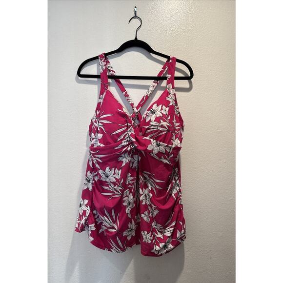 KONA SOL Pink White Floral Tankini Women’s Plus Size 2X Swim Tank Built In Bra - Picture 1 of 9